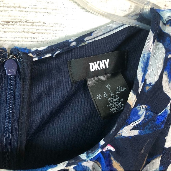 DKNY Floral Long Sheer Sleeve A Line Midi Modest Belted Dress 2 Navy - Picture 12 of 13